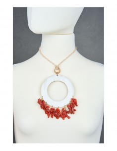 Collana Amlè in corallo rosso mediterraneo argento 925, cotone e corno