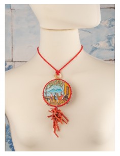 Collana Amle con tamburello dipinto a mano e corallo rosso