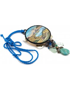 Collana Amlè in cordino Blu con Tamburello Decorato a Mano e Pietre Naturali